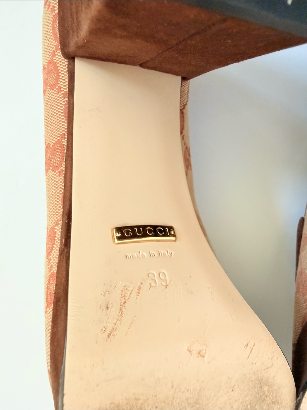 Gucci Horsebit GG Canvas Platform Pumps Monogram Brown Suede Block Heels EU 39 - Picture 9 of 11